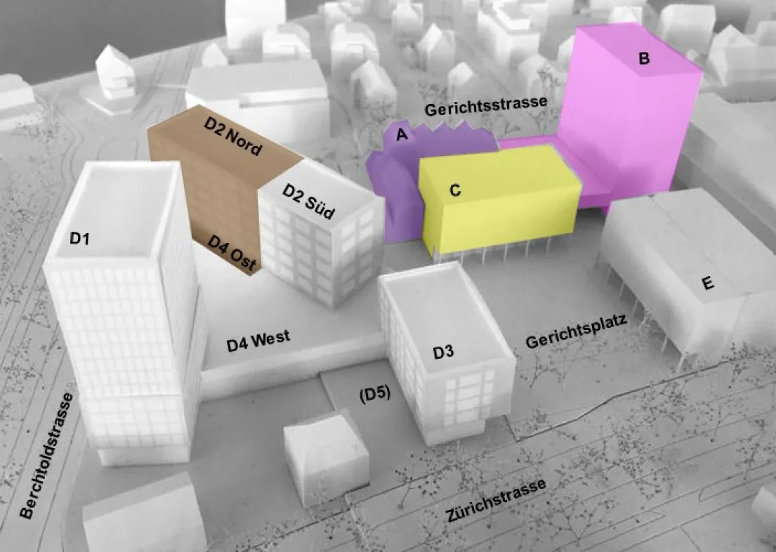 Die Gebäude D1 bis 5 – mit Ausnahme des braunen Teils – sind nun vom privaten Investor Seewarte AG erstellt worden. Anfang der 2030er Jahre wird der Kanton das Gebäude D2 Nord (braun) bauen und danach das alte Bezirksgebäude (A) instand stellen sowie die Gebäude B und C realisieren. Noch offen ist der Bau des Gebäudes E durch die Stadt Uster. Modellfoto mit den Baufeldern und dem Bauablauf für die Überbauung Gerichtsplatz beim Bezirksgericht Uster mit den drei Eigentümern Seewarte AG, Kanton Zürich und Stadt Uster.